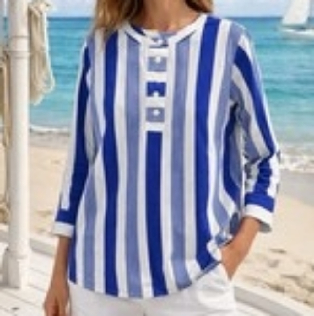 J.Crew Striped Cotton blue 3/4 Sleeve 1/2 Button Curved Hem Relaxed Size M